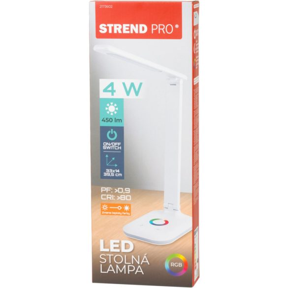 Asztali lámpa, Strend Pro, fehér, érintésvezérlés, fényerőszabályozás, állítható színhőmérséklet 2700–6500 K, RGB, háttérvilágítású talp, IP44, 4 W, 450 lm