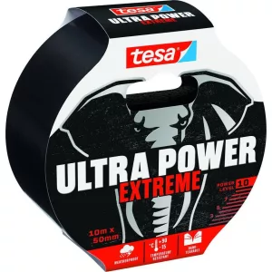 Ragasztószalag, Tesa Ultra Power Extreme, fekete, 5 cm x 10 m, extra erős, vízálló, UV-álló, időjárásálló, szöveterősítésű, kézzel téphető