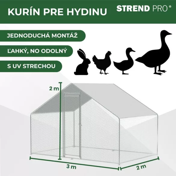 Tyúkól, Strend Pro Garden, 3 x 2 x 2 m, horganyzott acél, PVC bevonat, UV-álló ponyva, finom hálós, talajhoz rögzíthető, 1/1 fedés