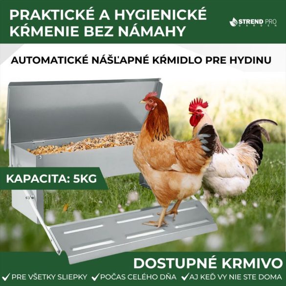 Baromfi etető, Strend Pro Garden, 5 kg kapacitás, 51 x 37 x 19 cm, automata, taposó mechanizmus, horganyzott