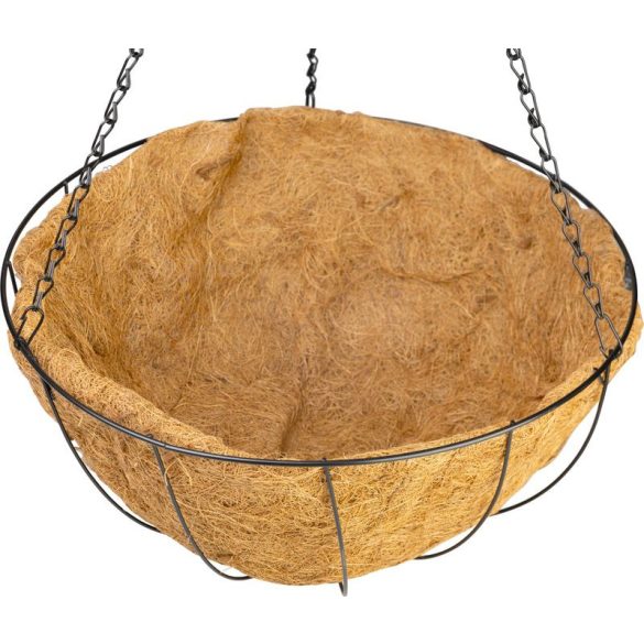 Függő virágtartó, Strend Pro Garden, 40 cm, fekete váz, barna kókuszrost bélés, acél, lánccal és kampóval, kerek