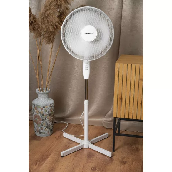 Álló ventilátor, Strend Pro, fehér, 45 W, átmérő: 40 cm, 2 sebességfokozat, teleszkópos, magasság: 100-120 cm