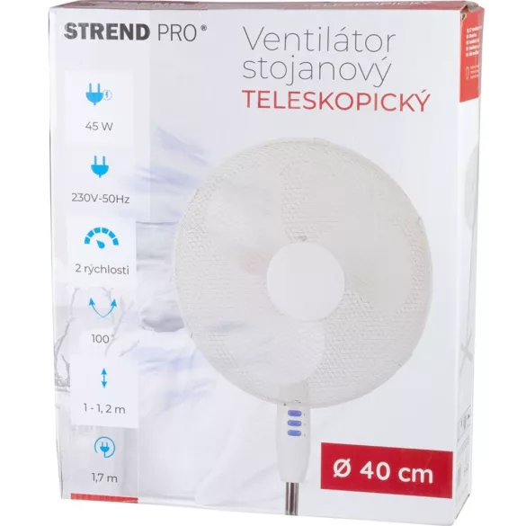 Álló ventilátor, Strend Pro, fehér, 45 W, átmérő: 40 cm, 2 sebességfokozat, teleszkópos, magasság: 100-120 cm