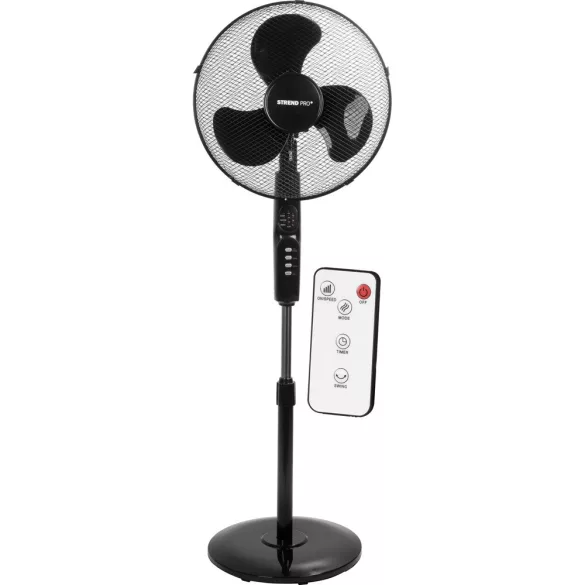 Álló ventilátor, Strend Pro, fekete, 45 W, átmérő: 40 cm, távirányítós, 3 sebességfokozat, teleszkópos, magasság: 100-125 cm, időzítő