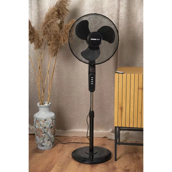 Álló ventilátor, Strend Pro, fekete, 45 W, átmérő: 40 cm, távirányítós, 3 sebességfokozat, teleszkópos, magasság: 100-125 cm, időzítő