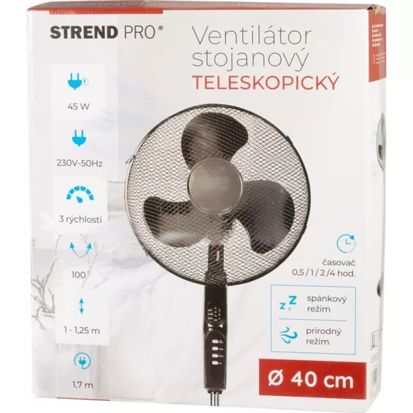 Álló ventilátor, Strend Pro, fekete, 45 W, átmérő: 40 cm, távirányítós, 3 sebességfokozat, teleszkópos, magasság: 100-125 cm, időzítő