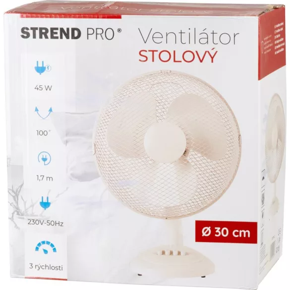 Asztali ventilátor, Strend Pro, fehér, 45 W, átmérő: 30 cm, 2 sebességfokozat, magasság: 48 cm