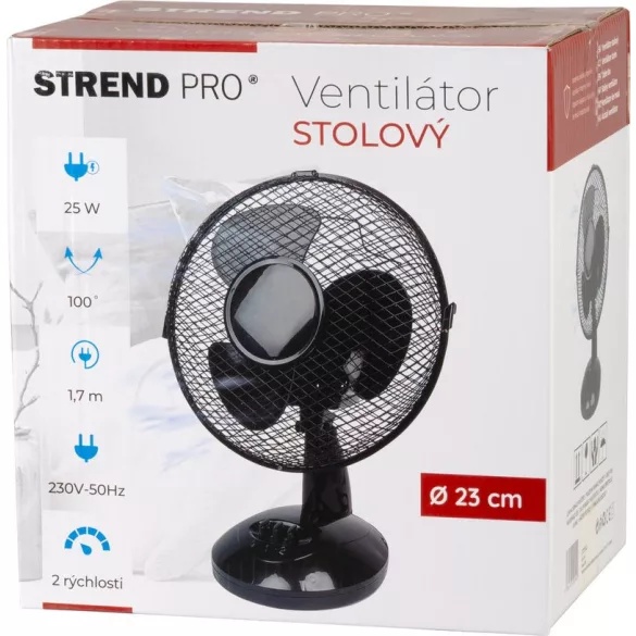 Asztali ventilátor, Strend Pro, fekete, 25 W, átmérő: 23 cm, 2 sebességfokozat, magasság: 37 cm