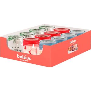 Illatgyertya szett, Bolsius Starlight, 8,2 × 6,8 cm, 12 db, krém brülé / vörösáfonya / vanília, üveg