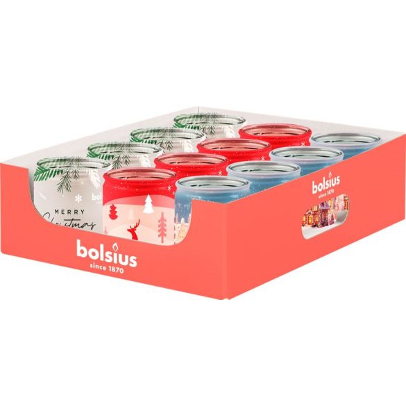 Illatgyertya szett, Bolsius Starlight, 8,2 × 6,8 cm, 12 db, krém brülé / vörösáfonya / vanília, üveg