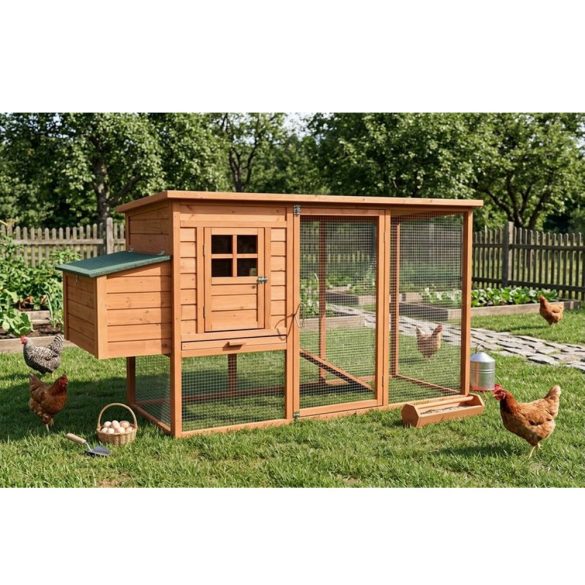 Tyúkól, Strend Pro Garden, 2 × 0,755 × 1,03 m, fából készült, időjárásálló tetővel, dróthálóval, rámpával, kifutóval, 1/1 fedés