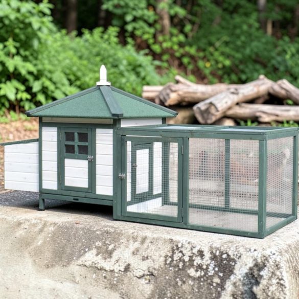 Tyúkól, Strend Pro Garden, 1,96 × 0,765 × 0,98 m, fából készült, dróthálós kifutóval, nyitható tetővel, fészekhellyel, rámpával, zárható ajtókkal