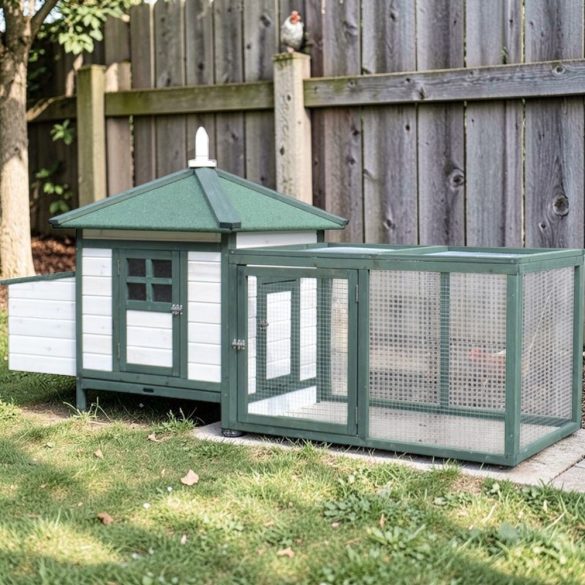 Tyúkól, Strend Pro Garden, 1,96 × 0,765 × 0,98 m, fából készült, dróthálós kifutóval, nyitható tetővel, fészekhellyel, rámpával, zárható ajtókkal