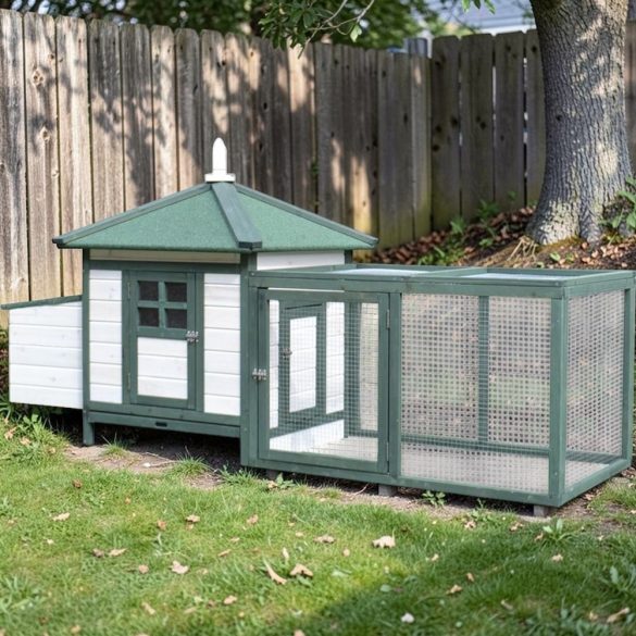 Tyúkól, Strend Pro Garden, 1,96 × 0,765 × 0,98 m, fából készült, dróthálós kifutóval, nyitható tetővel, fészekhellyel, rámpával, zárható ajtókkal