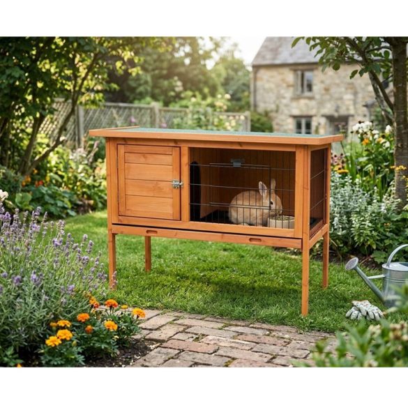 Nyúlketrec, Strend Pro Garden, 91,5 x 45 x 70 cm, fából készült, dróthálós kifutó, felnyitható tető, kihúzható fiók, emelt lábak