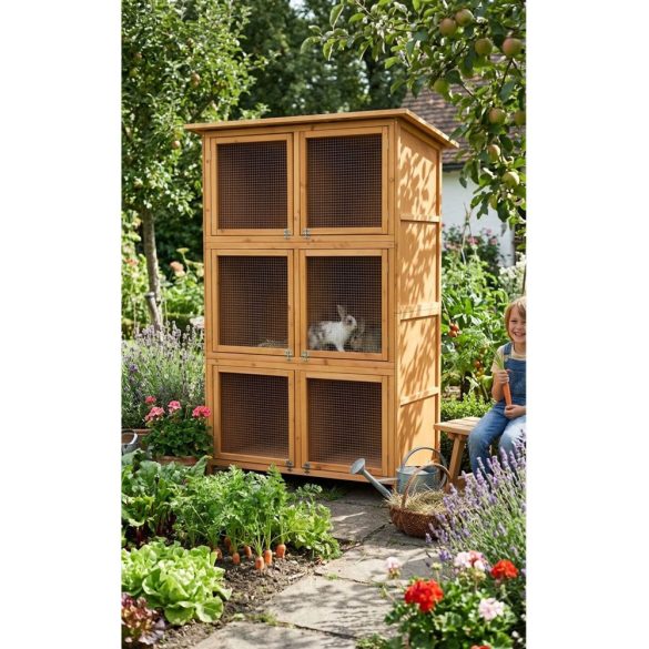 Nyúlketrec, Strend Pro Garden, 116 x 60 x 180 cm, fából készült, dróthálós ajtó, tetővel, 3 szintes, 6 ajtós