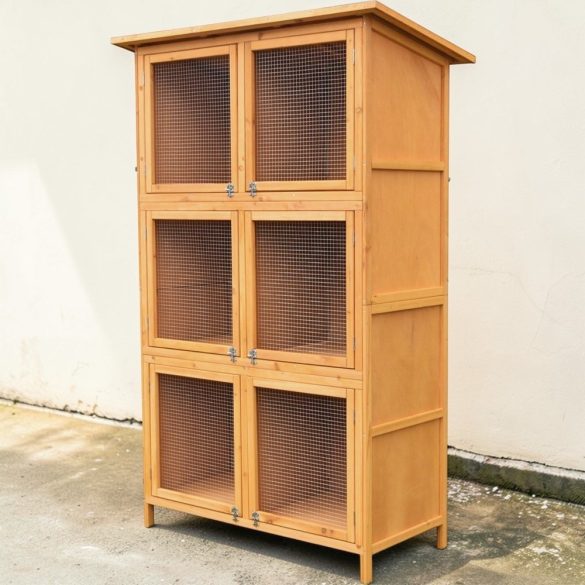 Nyúlketrec, Strend Pro Garden, 116 x 60 x 180 cm, fából készült, dróthálós ajtó, tetővel, 3 szintes, 6 ajtós