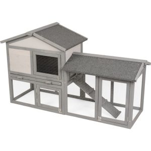 Nyúlketrec, Strend Pro Garden, szürke, 147 × 54 × 85 cm, fából készült, nyitható tetővel, kifutóval, rámpával, ajtókkal és zárakkal, szellőző falak, dróthálós kifutó