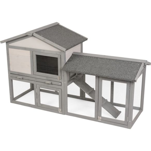 Nyúlketrec, Strend Pro Garden, szürke, 147 × 54 × 85 cm, fából készült, nyitható tetővel, kifutóval, rámpával, ajtókkal és zárakkal, szellőző falak, dróthálós kifutó