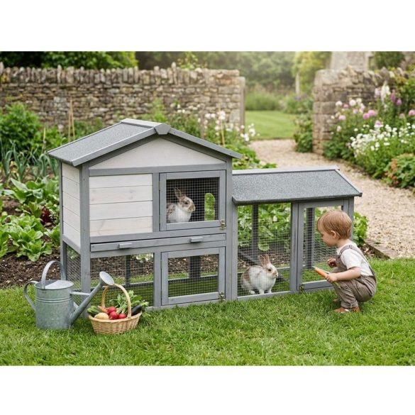 Nyúlketrec, Strend Pro Garden, szürke, 147 × 54 × 85 cm, fából készült, nyitható tetővel, kifutóval, rámpával, ajtókkal és zárakkal, szellőző falak, dróthálós kifutó