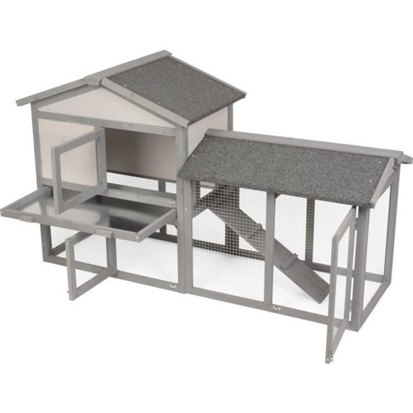 Nyúlketrec, Strend Pro Garden, szürke, 147 × 54 × 85 cm, fából készült, nyitható tetővel, kifutóval, rámpával, ajtókkal és zárakkal, szellőző falak, dróthálós kifutó