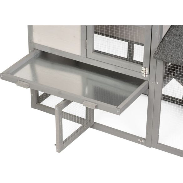 Nyúlketrec, Strend Pro Garden, szürke, 147 × 54 × 85 cm, fából készült, nyitható tetővel, kifutóval, rámpával, ajtókkal és zárakkal, szellőző falak, dróthálós kifutó