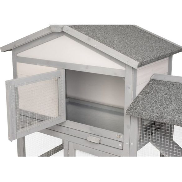 Nyúlketrec, Strend Pro Garden, szürke, 147 × 54 × 85 cm, fából készült, nyitható tetővel, kifutóval, rámpával, ajtókkal és zárakkal, szellőző falak, dróthálós kifutó