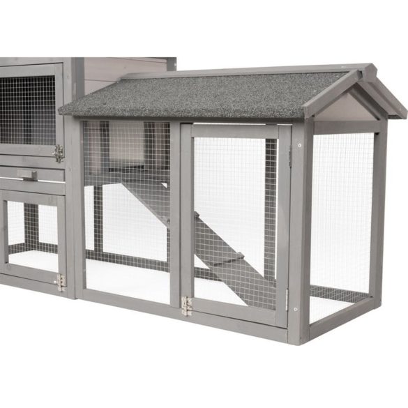 Nyúlketrec, Strend Pro Garden, szürke, 147 × 54 × 85 cm, fából készült, nyitható tetővel, kifutóval, rámpával, ajtókkal és zárakkal, szellőző falak, dróthálós kifutó
