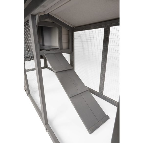 Nyúlketrec, Strend Pro Garden, szürke, 147 × 54 × 85 cm, fából készült, nyitható tetővel, kifutóval, rámpával, ajtókkal és zárakkal, szellőző falak, dróthálós kifutó