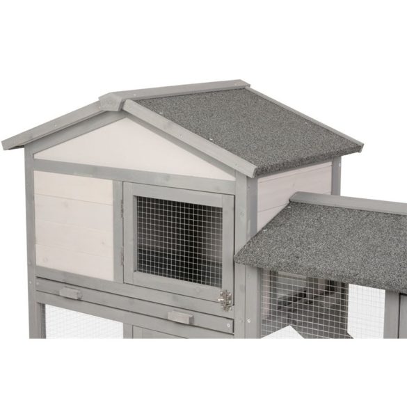 Nyúlketrec, Strend Pro Garden, szürke, 147 × 54 × 85 cm, fából készült, nyitható tetővel, kifutóval, rámpával, ajtókkal és zárakkal, szellőző falak, dróthálós kifutó