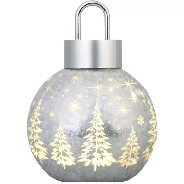 Karácsonyi dekoráció, MagicHome Vianoce, üveg, 12 x 12 x 18 cm, ezüst, 10 db melegfehér LED, elemes (2 x AA)