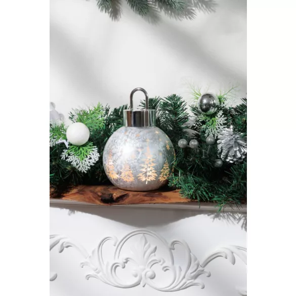 Karácsonyi dekoráció, MagicHome Vianoce, üveg, 12 x 12 x 18 cm, ezüst, 10 db melegfehér LED, elemes (2 x AA)