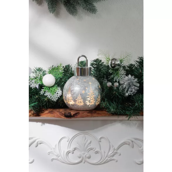 Karácsonyi dekoráció, MagicHome Vianoce, üveg, 12 x 12 x 18 cm, ezüst, 10 db melegfehér LED, elemes (2 x AA)