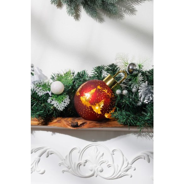 Karácsonyi dekoráció, MagicHome Vianoce, karácsonyi gömb, 12 x 12 x 18 cm, piros, arany részletekkel, üveg, 10 db melegfehér LED, elemes (2 x AA)