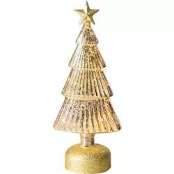   Karácsonyi dekoráció, MagicHome Vianoce, üveg karácsonyfa, 12 x 8 x 29 cm, arany, 10 db melegfehér LED, csillaggal, elemes (3 x AAA)