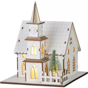 Karácsonyi dekoráció, MagicHome Vianoce, templom, 15 × 17 × 18,5 cm, 6 db melegfehér LED, fa, elemes (2 × AAA), beltéri