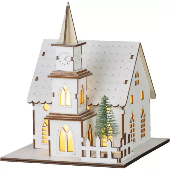 Karácsonyi dekoráció, MagicHome Vianoce, templom, 15 × 17 × 18,5 cm, 6 db melegfehér LED, fa, elemes (2 × AAA), beltéri