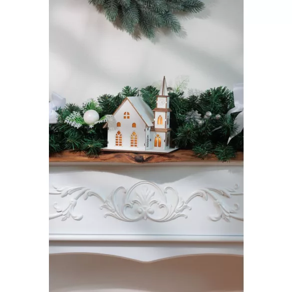 Karácsonyi dekoráció, MagicHome Vianoce, templom, 15 × 17 × 18,5 cm, 6 db melegfehér LED, fa, elemes (2 × AAA), beltéri