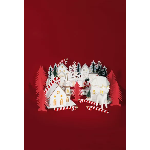 Karácsonyi dekoráció, MagicHome Vianoce, templom, 15 × 17 × 18,5 cm, 6 db melegfehér LED, fa, elemes (2 × AAA), beltéri