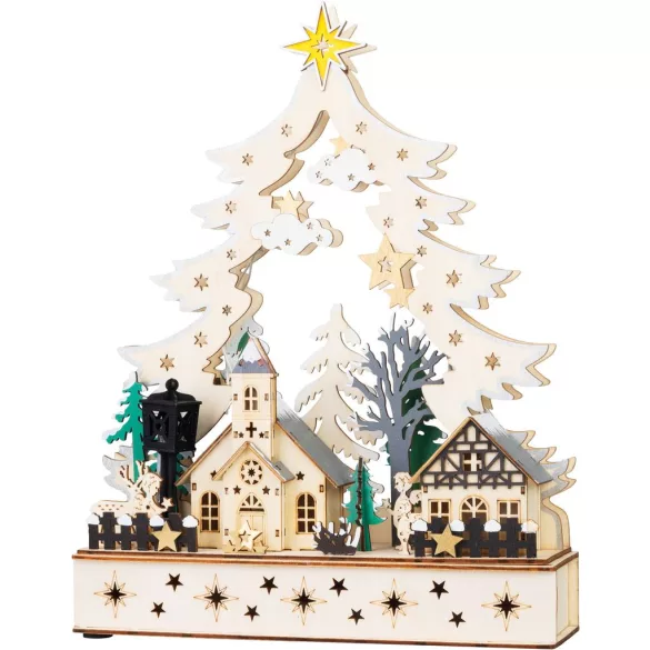 Karácsonyi dekoráció, MagicHome Vianoce, falu, 25 x 7,5 x 32 cm, 12 db melegfehér LED, fa, elemes (2 x AA)