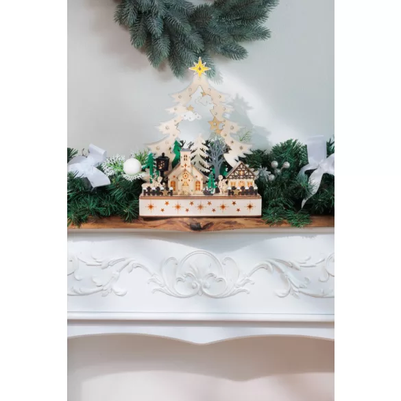 Karácsonyi dekoráció, MagicHome Vianoce, falu, 25 x 7,5 x 32 cm, 12 db melegfehér LED, fa, elemes (2 x AA)