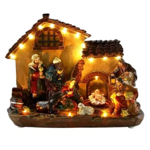MagicHome karácsonyi dekoráció, betlehemes házikó, 29 x 14 x 24 cm, 16 melegfehér LED, polirezin