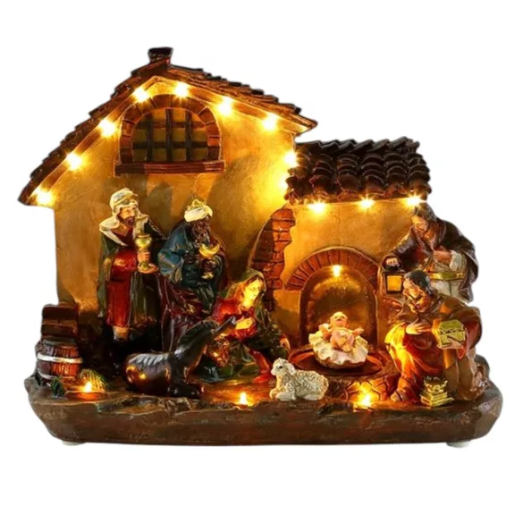 MagicHome karácsonyi dekoráció, betlehemes házikó, 29 x 14 x 24 cm, 16 melegfehér LED, polirezin