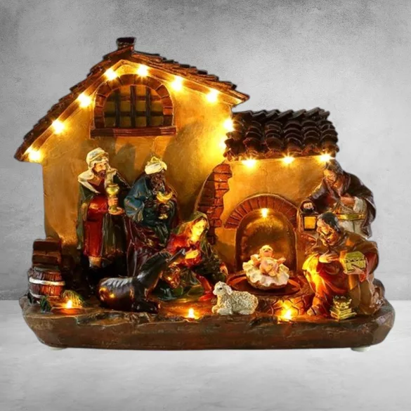MagicHome karácsonyi dekoráció, betlehemes házikó, 29 x 14 x 24 cm, 16 melegfehér LED, polirezin