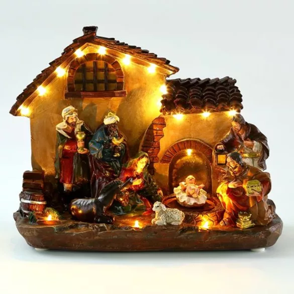 MagicHome karácsonyi dekoráció, betlehemes házikó, 29 x 14 x 24 cm, 16 melegfehér LED, polirezin