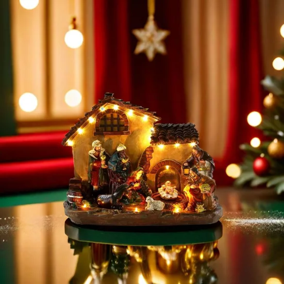MagicHome karácsonyi dekoráció, betlehemes házikó, 29 x 14 x 24 cm, 16 melegfehér LED, polirezin