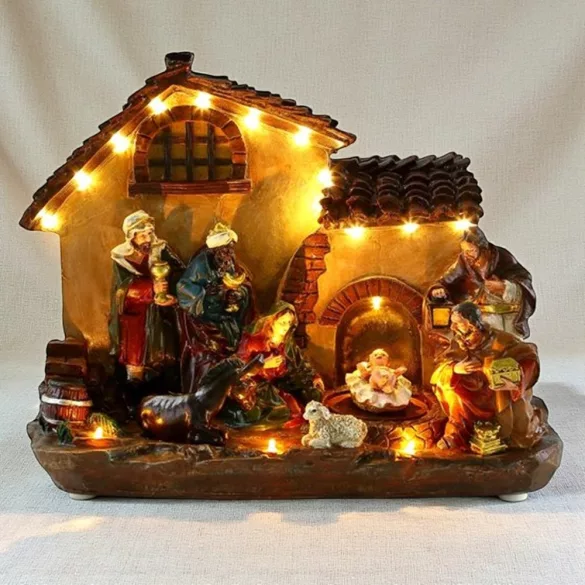 MagicHome karácsonyi dekoráció, betlehemes házikó, 29 x 14 x 24 cm, 16 melegfehér LED, polirezin