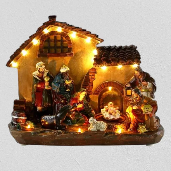 MagicHome karácsonyi dekoráció, betlehemes házikó, 29 x 14 x 24 cm, 16 melegfehér LED, polirezin