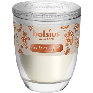 Illatgyertya, Bolsius Starlight, nugát illat, 10 × 12 cm, krém, üvegben, karácsonyi mintás kupakkal, 48 órás égési idő