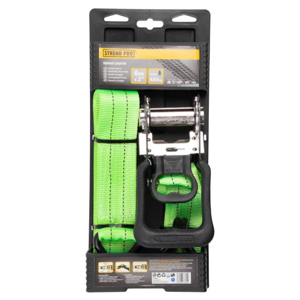 Rögzítő heveder, Strend Pro, zöld, hosszúság : 600 cm, szélesség: 5 cm, teherbírás: 960 kg, racsnis